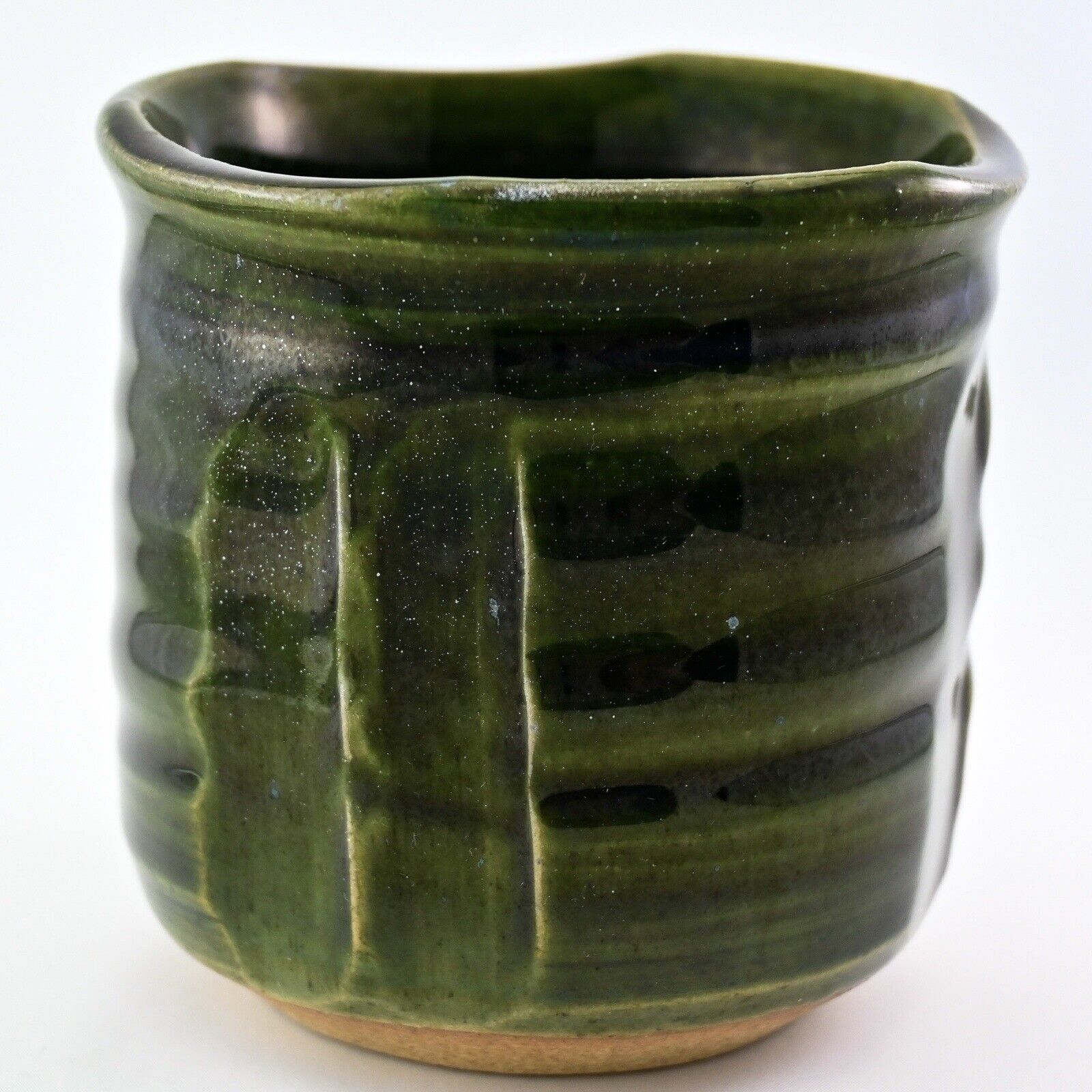 Japanese SUSHI YUNOMI Tea Cup Oribe Deep Green Glaze Rokubei Seto ware Akazuyaki