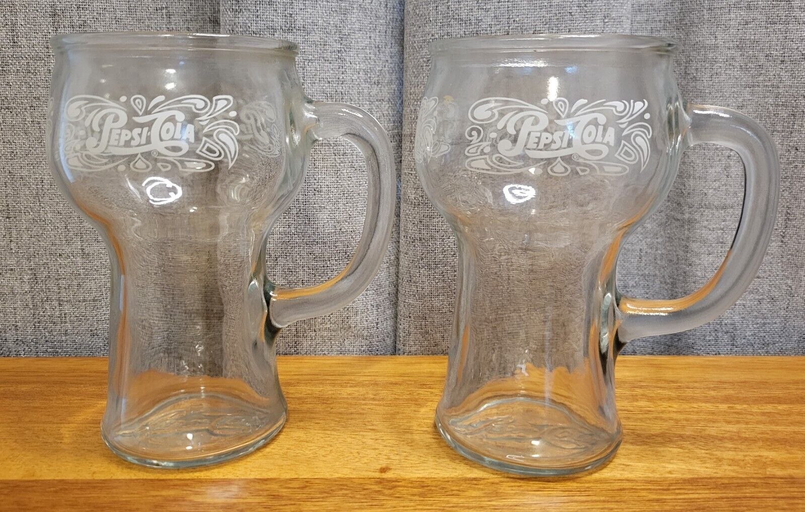 TWO Pepsi Cola Glass Mugs With Handle Embossed White Logo 6\