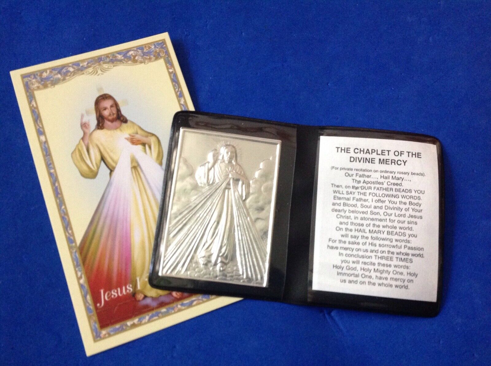 JESUS DIVINE MERCY Silver Metal Saint Plaque Folder Pocket Catholic SHRINE Card