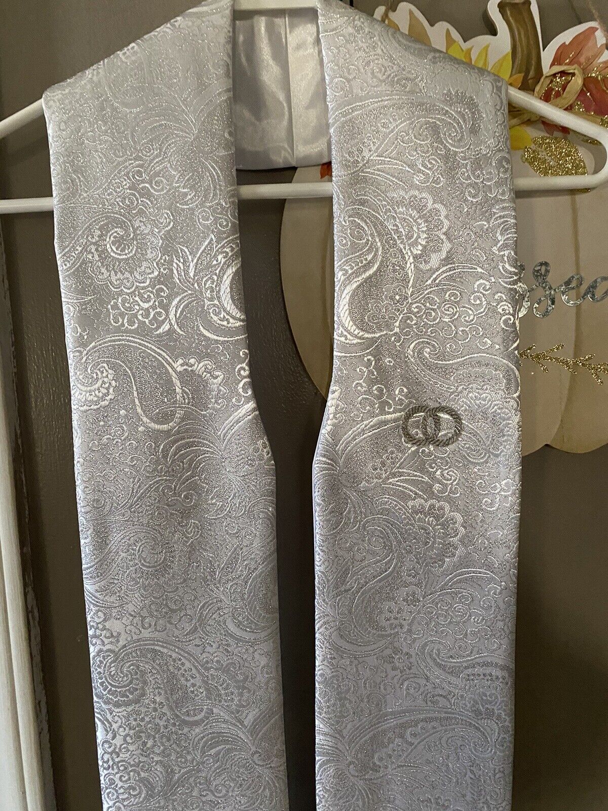 SHORT Wedding Clergy Stole Metallic Silver On White Paisley Embroidered Rings