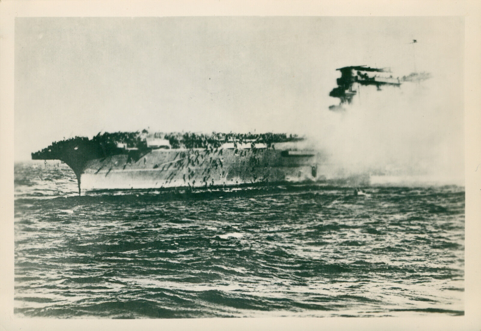 1940s WWII USS Lexington burning, sailors abandon ship 5x7 Photo
