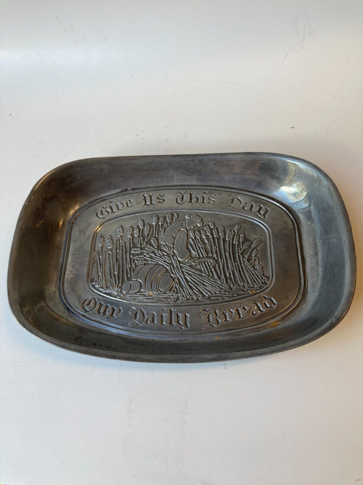 Duratale by Leonard Bread Tray Pewter 'Give Us This Day Our Daily Bread' Vintage