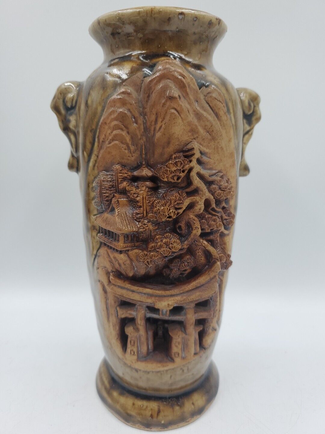Antique Japanese Banko Red-Ware Hand Carved Pottery Temple Trees 3D Art Vase
