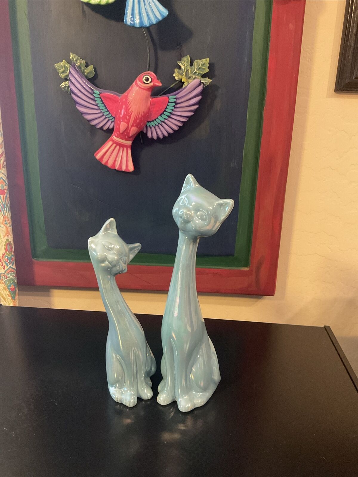 Vintage Pair  Mid Century Modern Lusterware Cats 13” & 10” Blue