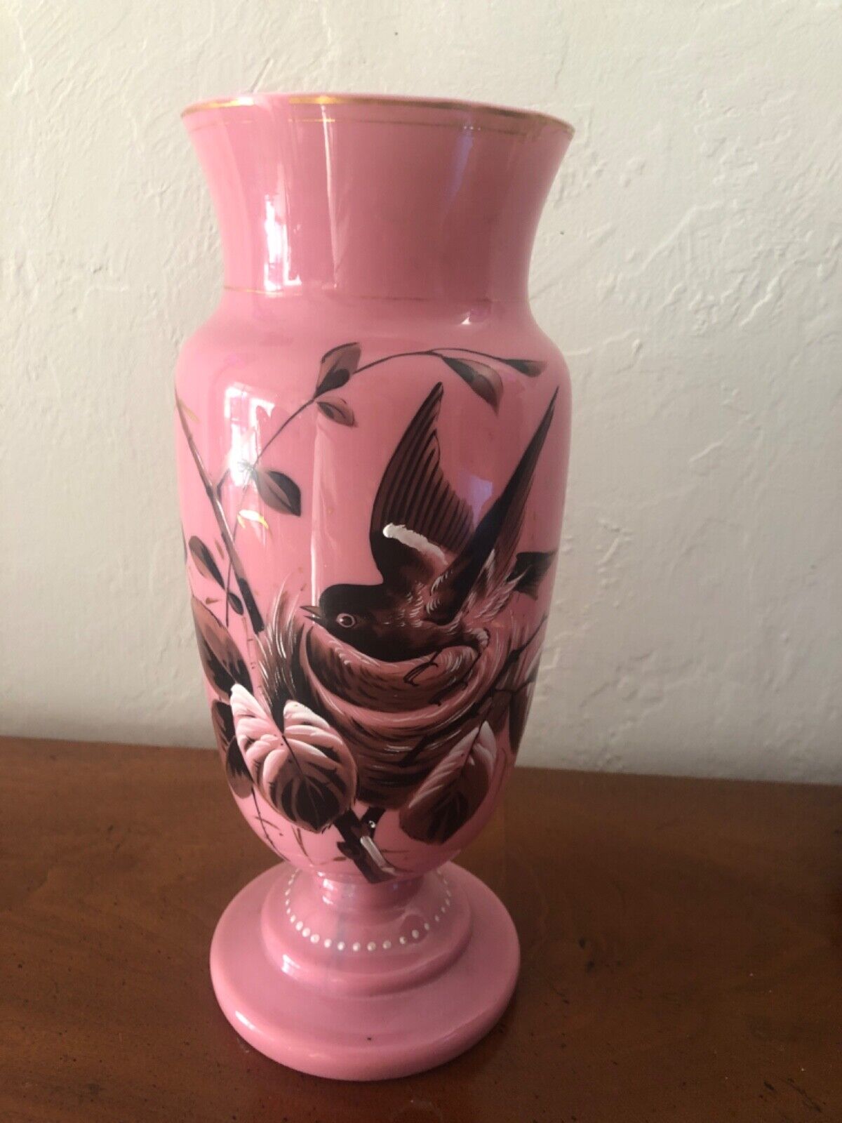 Anique Vase Pink Glass Cased White Bristol Black Bird Hand Paint 12\
