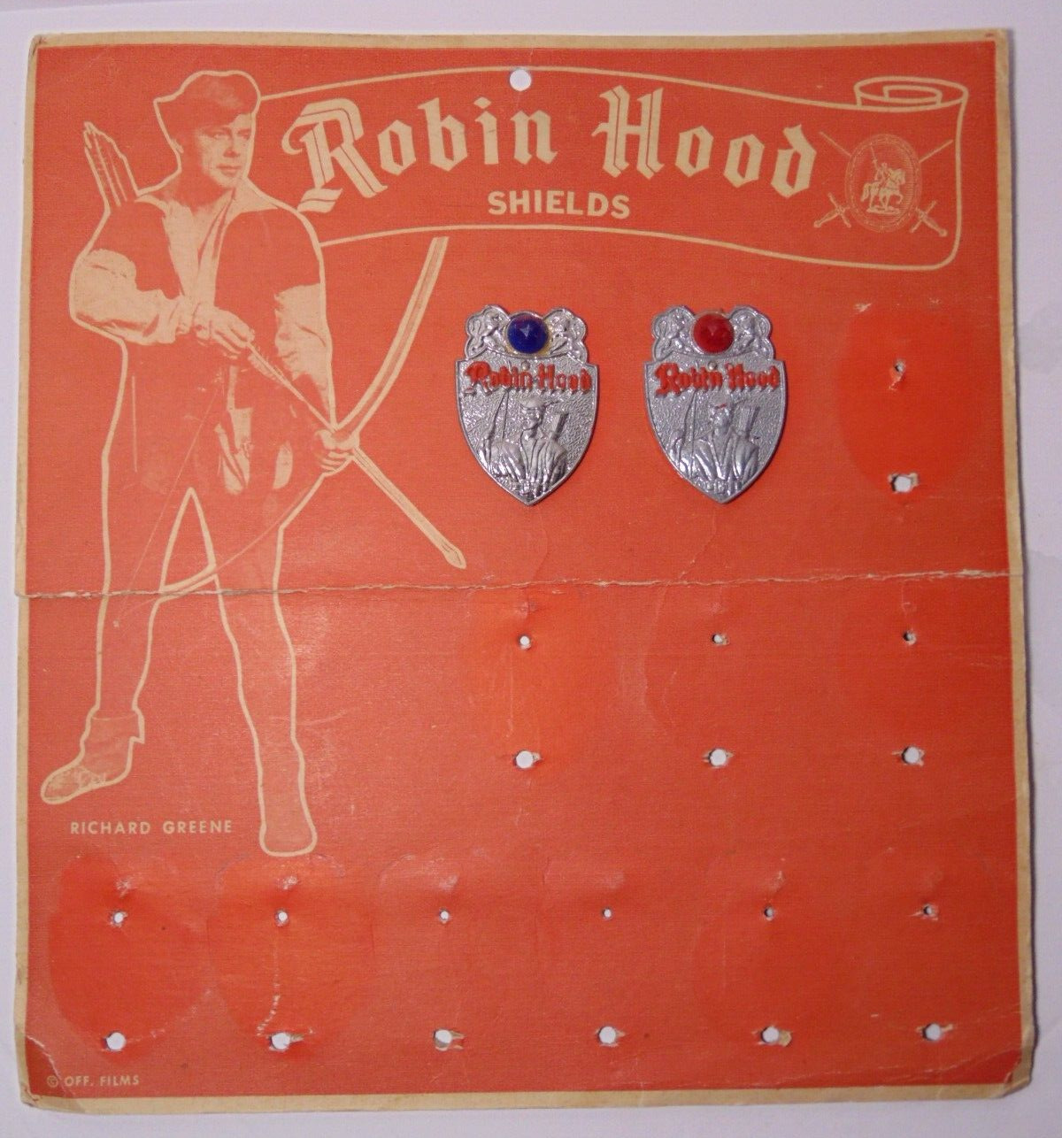 1950s Robin Hood Pin Badge Shield Pinback TV Show Premium On Card Richard Greene