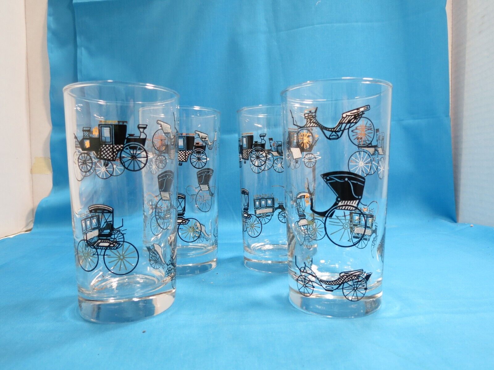 MID CENTURYMODERN Libbey Highball Drinking Glasses Carriage Cars SET 4 GLASSES