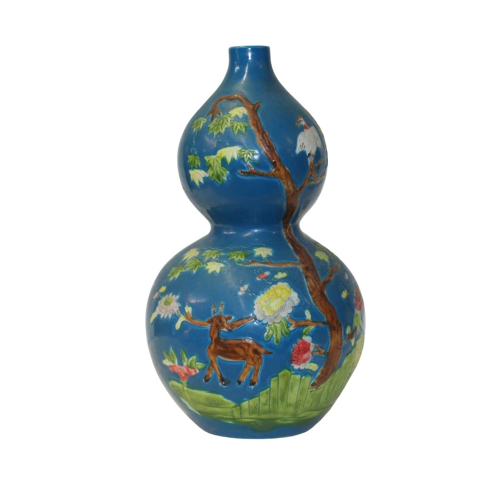 Chinese Matte Cyan Blue Ceramic Scenery Graphic Painting Gourd Vase ws804