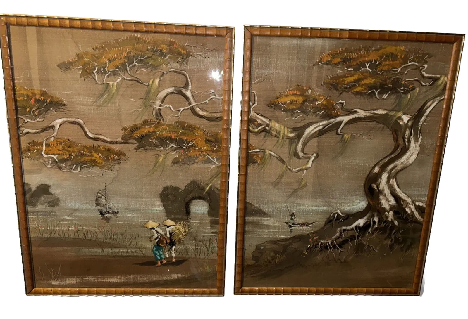 ART.Antique.Vintage ASIAN CHINA. MID-CENTURY. 2pc.Matching w/Faux Bamboo Frames.