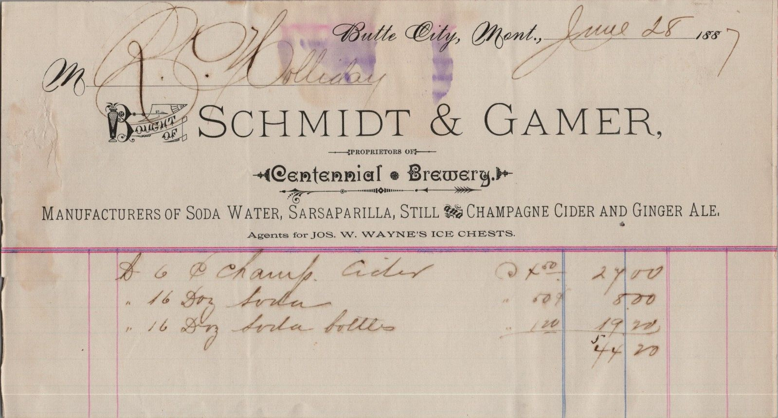 1887 Billhead Schmidt & Gamer Centennial Brewery Butte City, Montana Rare