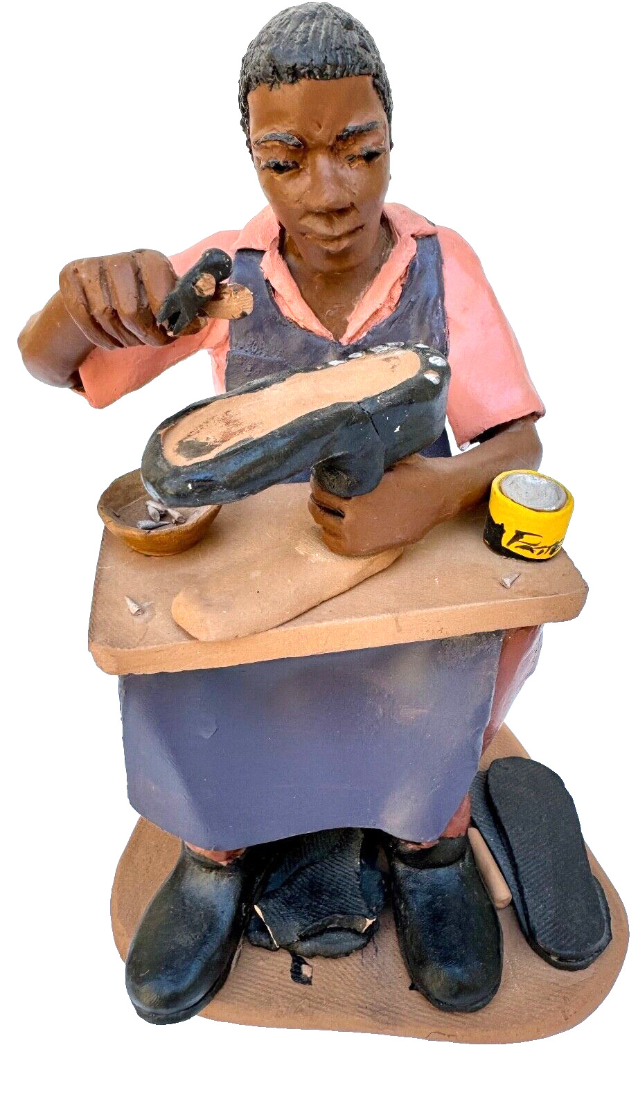 Vtg Jamaican Handmade Painted Glazed Red Clay Sculpture/Figurine Shoemaker 8\