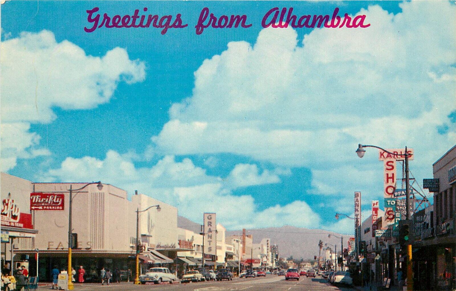 Mid-Century Postcard Greetings Alhambra CA Street Scene Lots of Signs Unposted