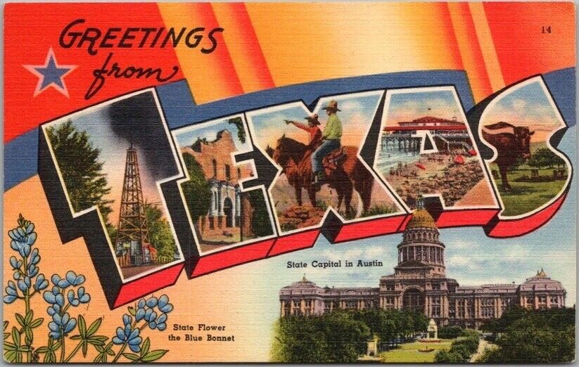 TEXAS Large Letter Postcard Austin State Capitol & Flower / Tichnor Linen c1940s