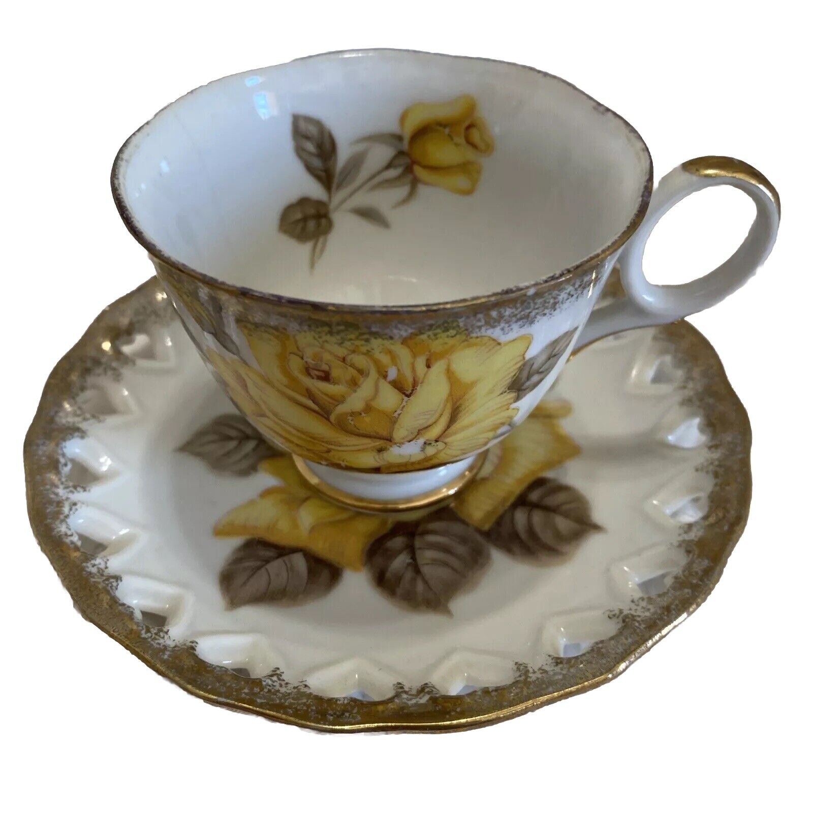 Vintage Yellow Rose Tea Cup Saucer Gold Rimmed Japan Cottage Core