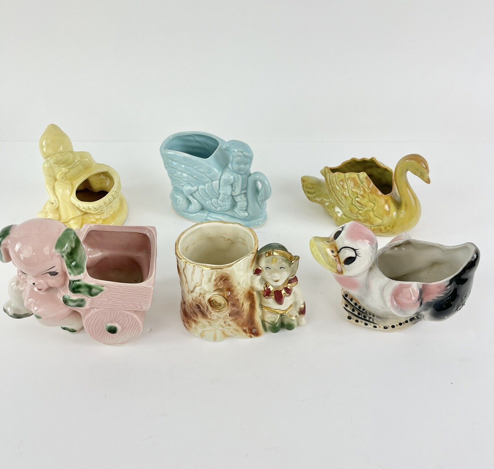6 Lot Ceramic Vtg Kitschy Planters Duck Pig Gnome Swan Girl