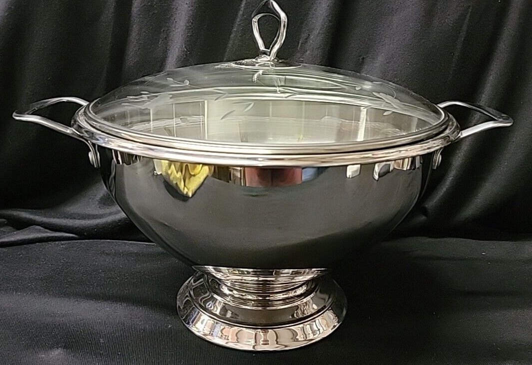 Princess House ‘Hostess Special’ Pedestal Server 18/10 Stainless Bowl Etched Lid