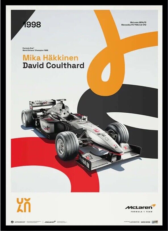 McLaren Racing 1998 MP4/13 Champion Mika Hakkinen Coulthard F1 Poster LE200