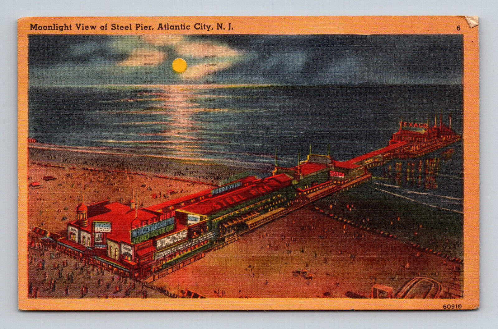 Moonlight View Steel Pier Atlantic City NJ Beach Full Moon Linen Postcard