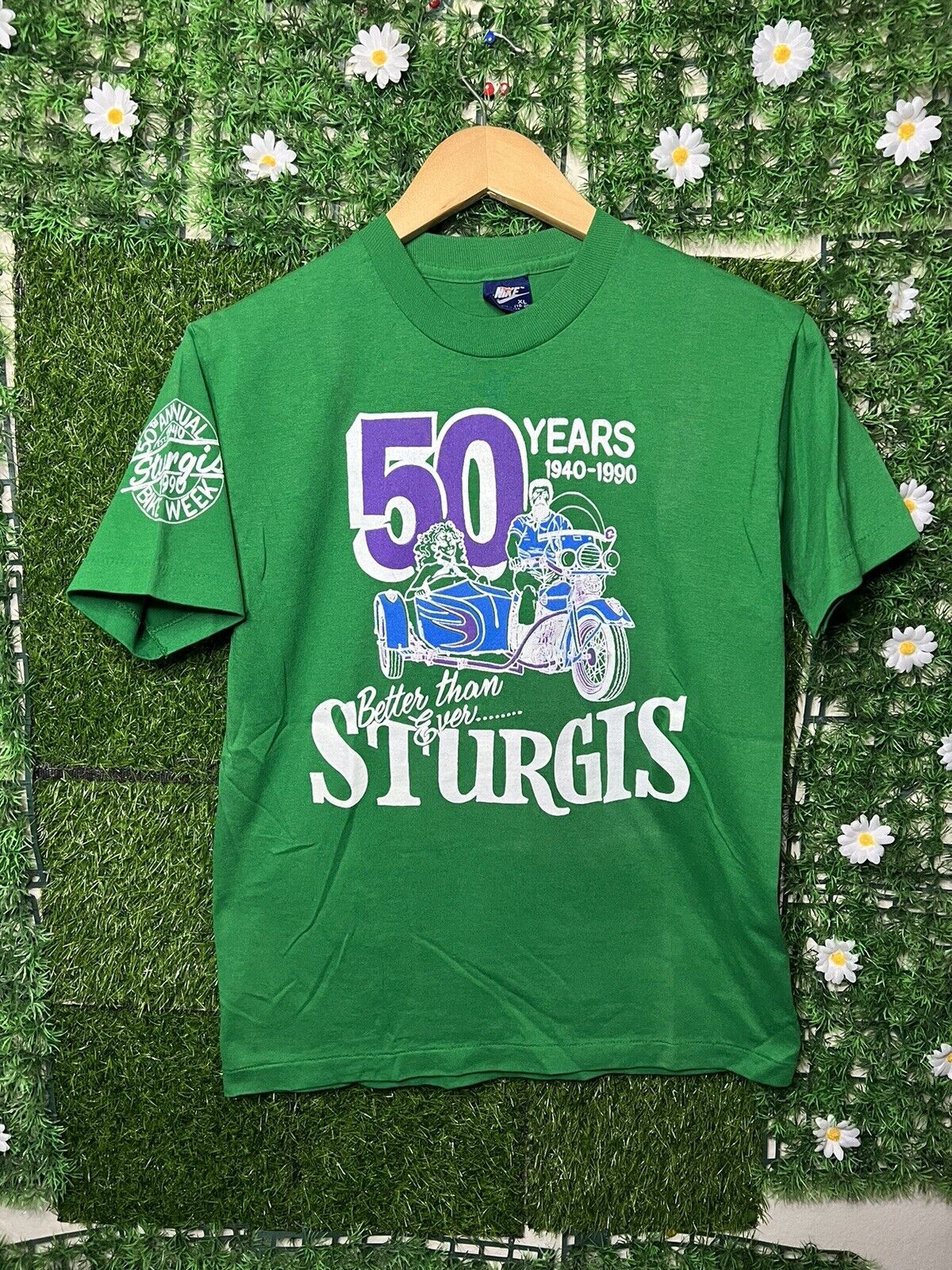 Vintage 1990 Nike 50th Anniversary Sturgis T Shirt Youth XL Double Sided Green