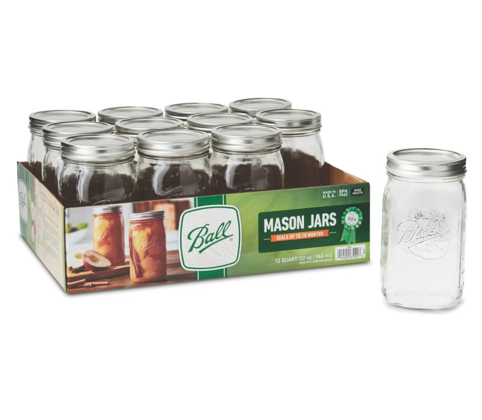 Ball 67000 Wide Mouth Mason Jars, Quart (32 Oz), Box of 12 Canning Supplies