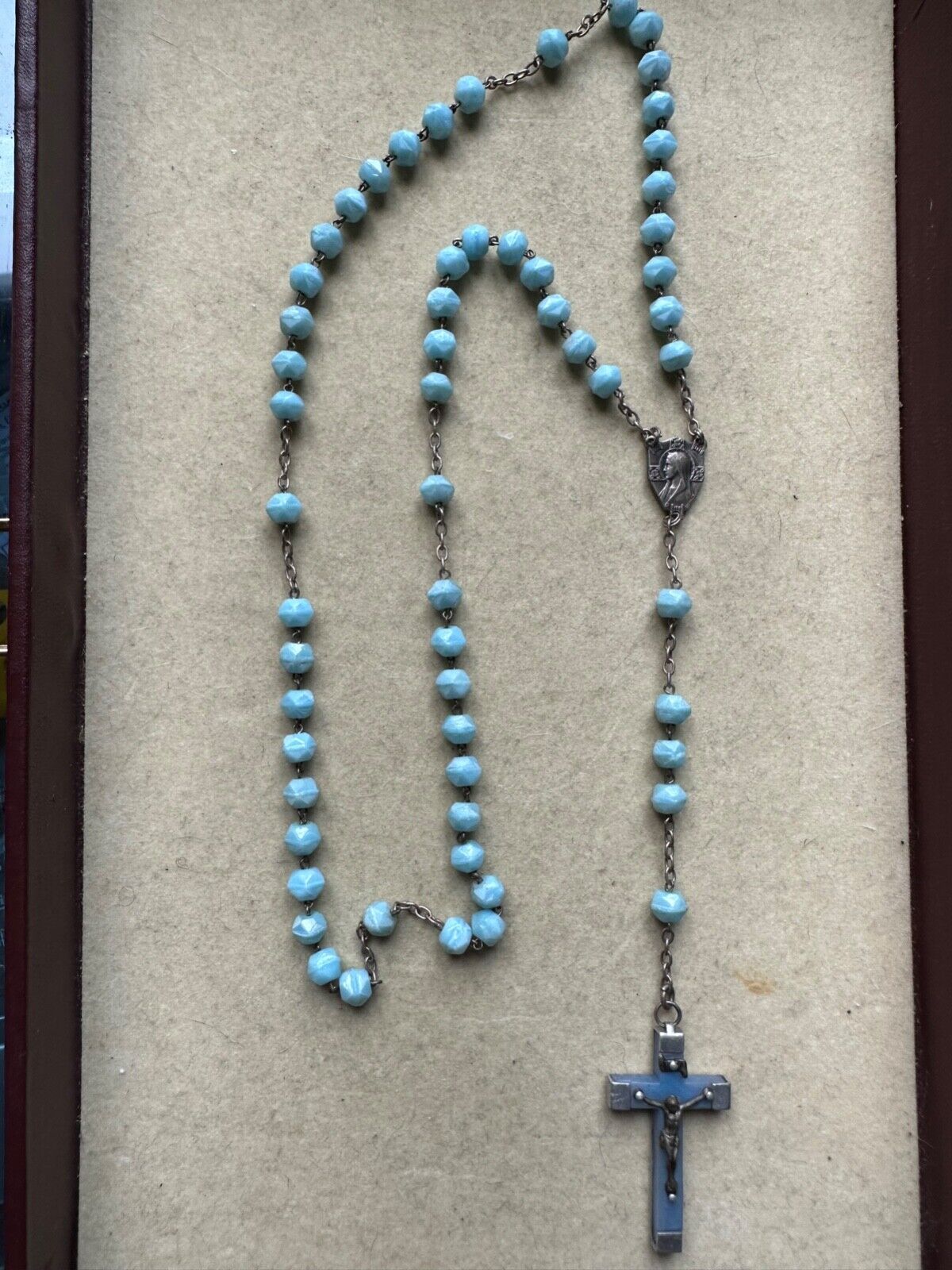 Beautiful Antique Religious Chapelet from LOURDES, France - Sky Blue Glass beads