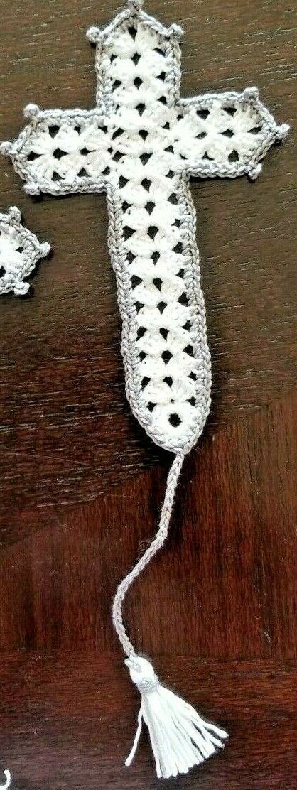 Hand-Crocheted Gray & White Cross Bookmark