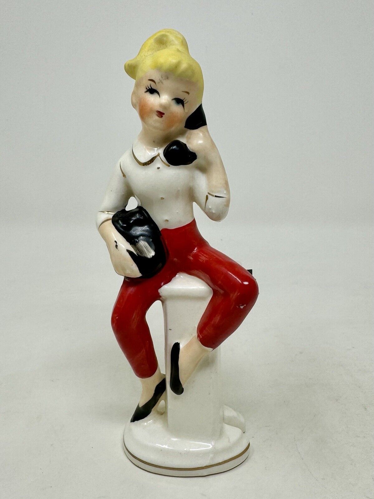VTG MCM Teen Girl On Phone Figurine W/Photo Holder JAPAN 1950