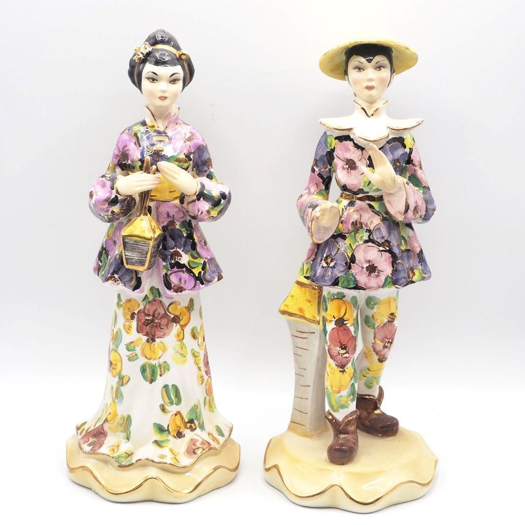 Japanese Man & Woman Pair Porcelain Sculptures Neapolitan Capodimonte 1950's