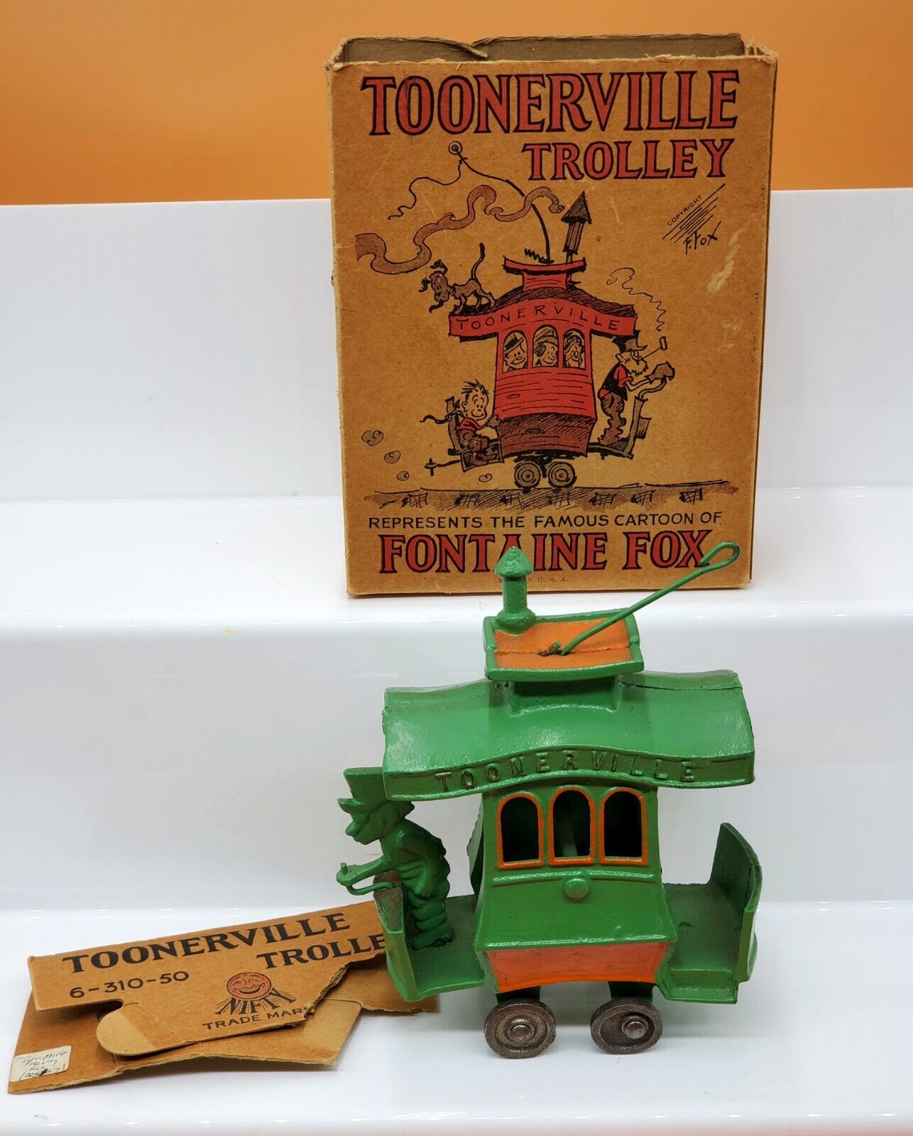 1920’s Cast Iron Toonerville Trolley Toy by Dent Mfg. with Box