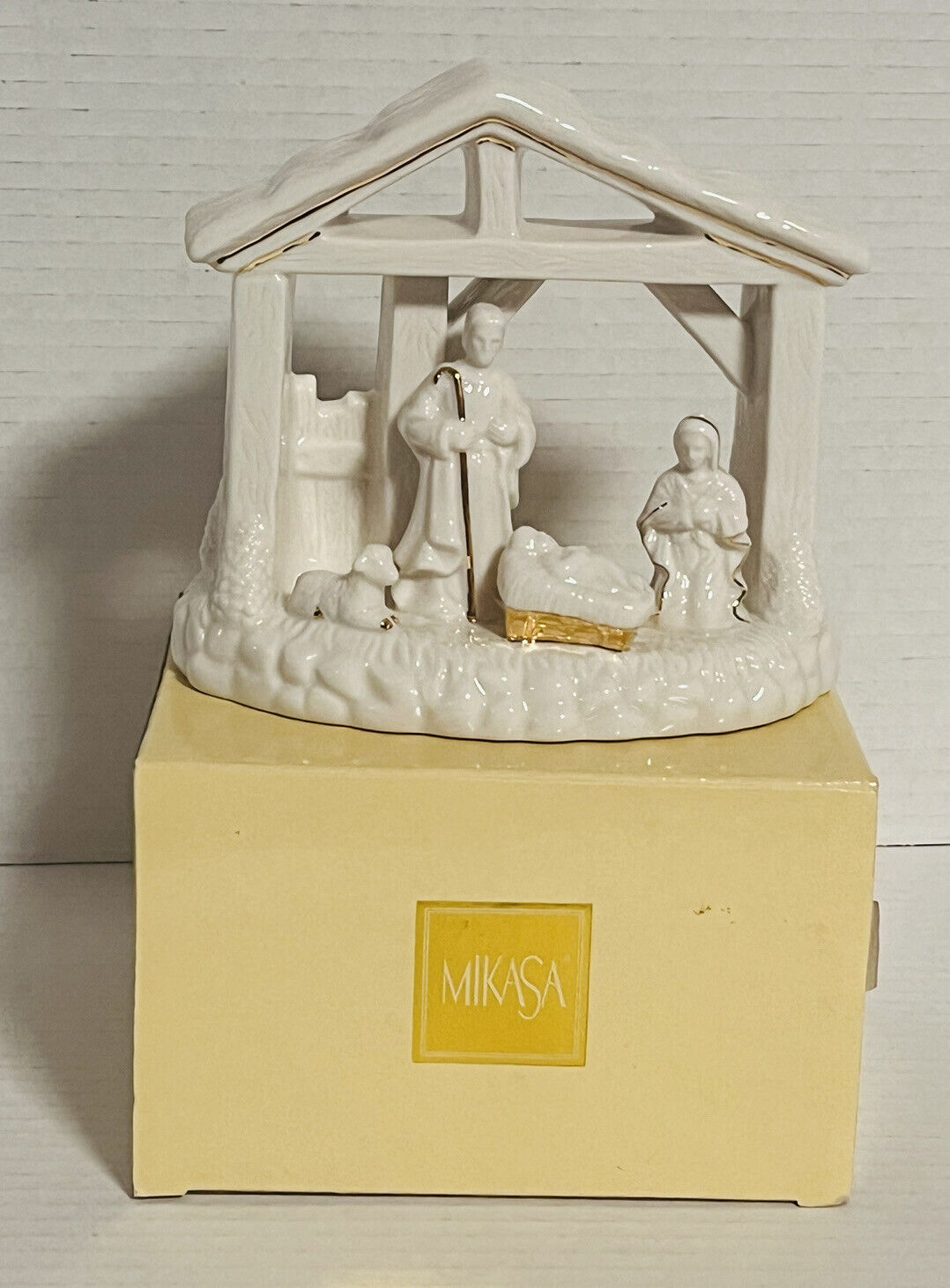 VTG Mikasa Nativity Votive Tea Light Candle Holder White Porcelain & Gold w/ Box