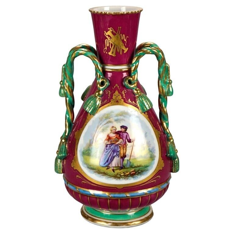 Antique Oversized Old Paris Porcelain Genre Vase with Tassel from Handles, 19thC