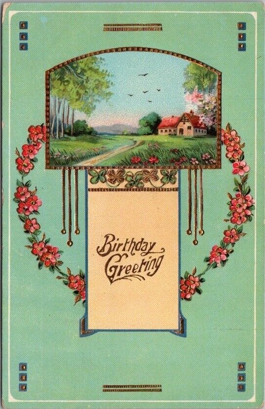 c1910s BIRTHDAY GREETING Embossed Postcard House / Cottage Scene / Flowers