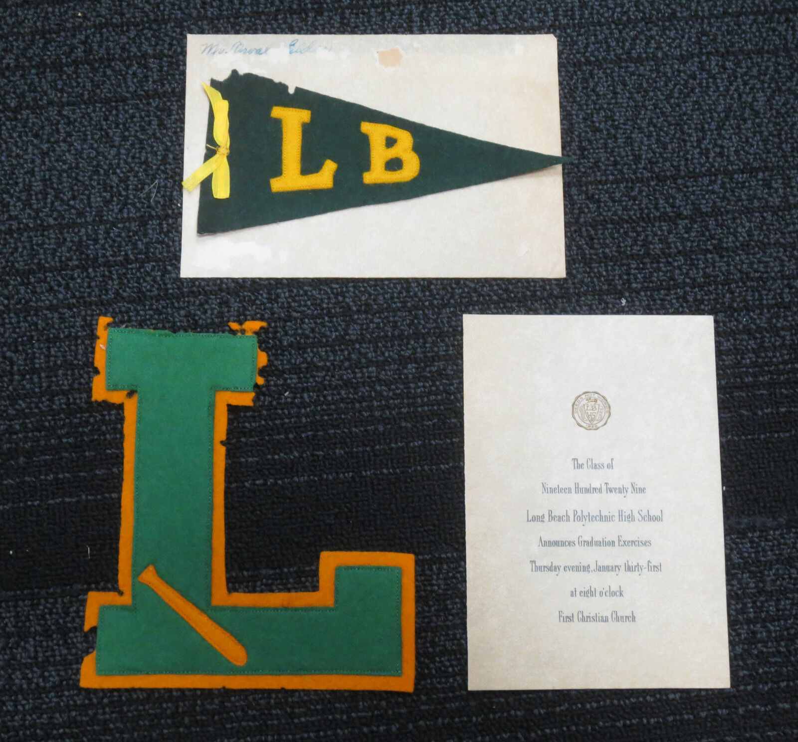 1929 Long Beach Poly High School Graduation Announcement, Award Letter, Pennant