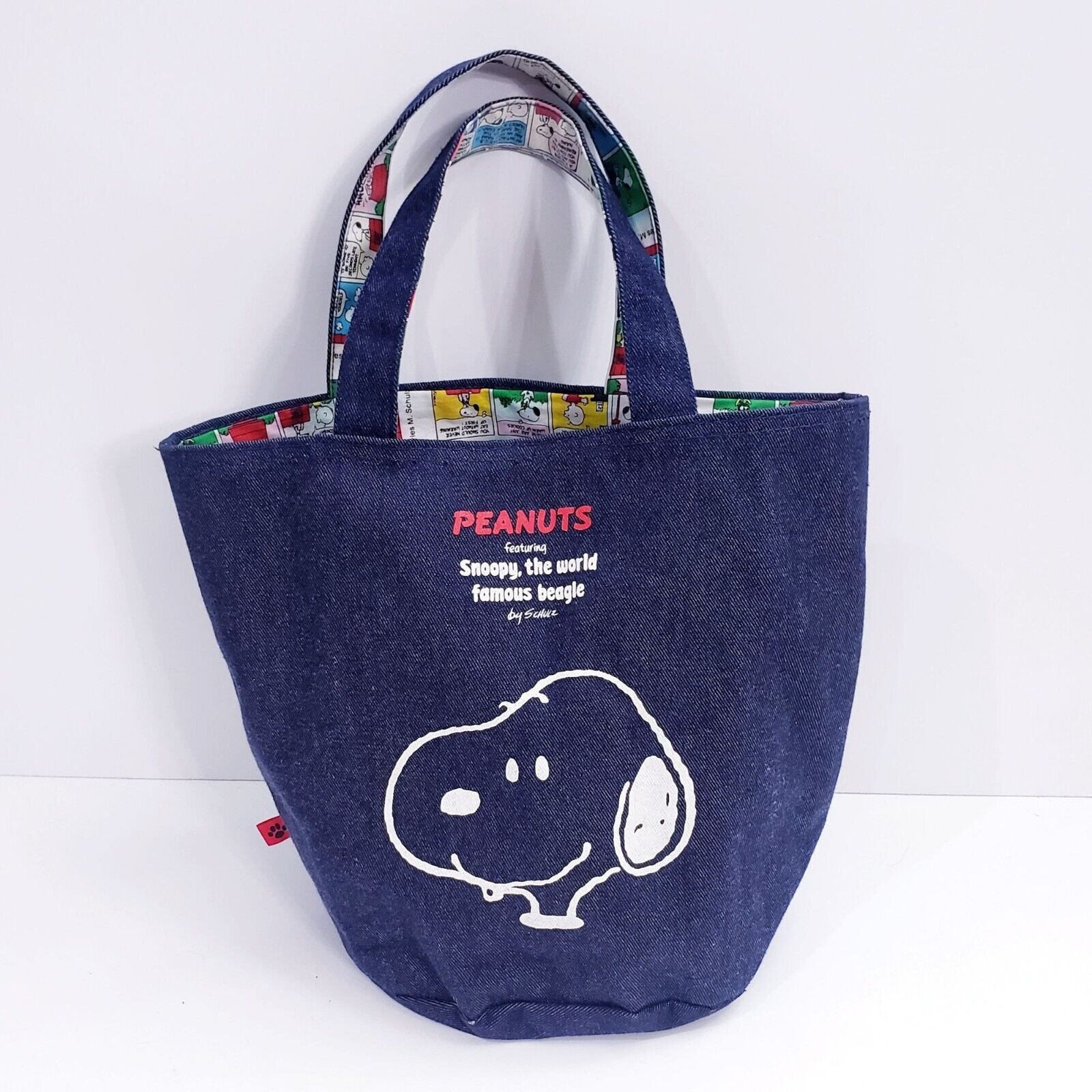 Vintage Blue Denim Snoopy Peanuts Comic Strip Drawstring Tote Bag Japan 1986