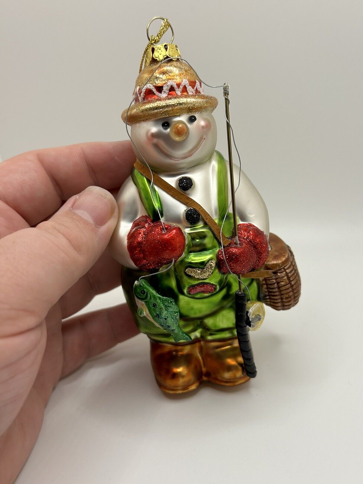Vintage Glass Ornament Snowman Fishing Christmas