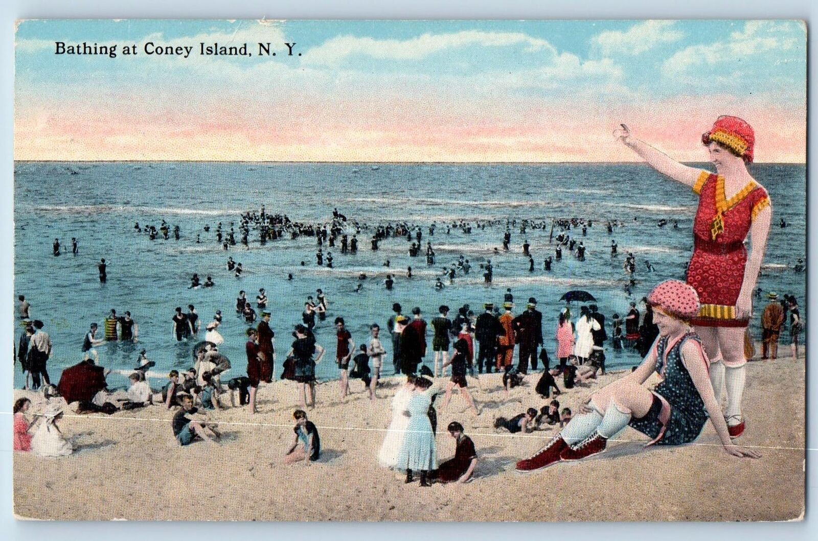 Coney Island New York NY Postcard Scene Of People Bathing Beach c1920's Antique