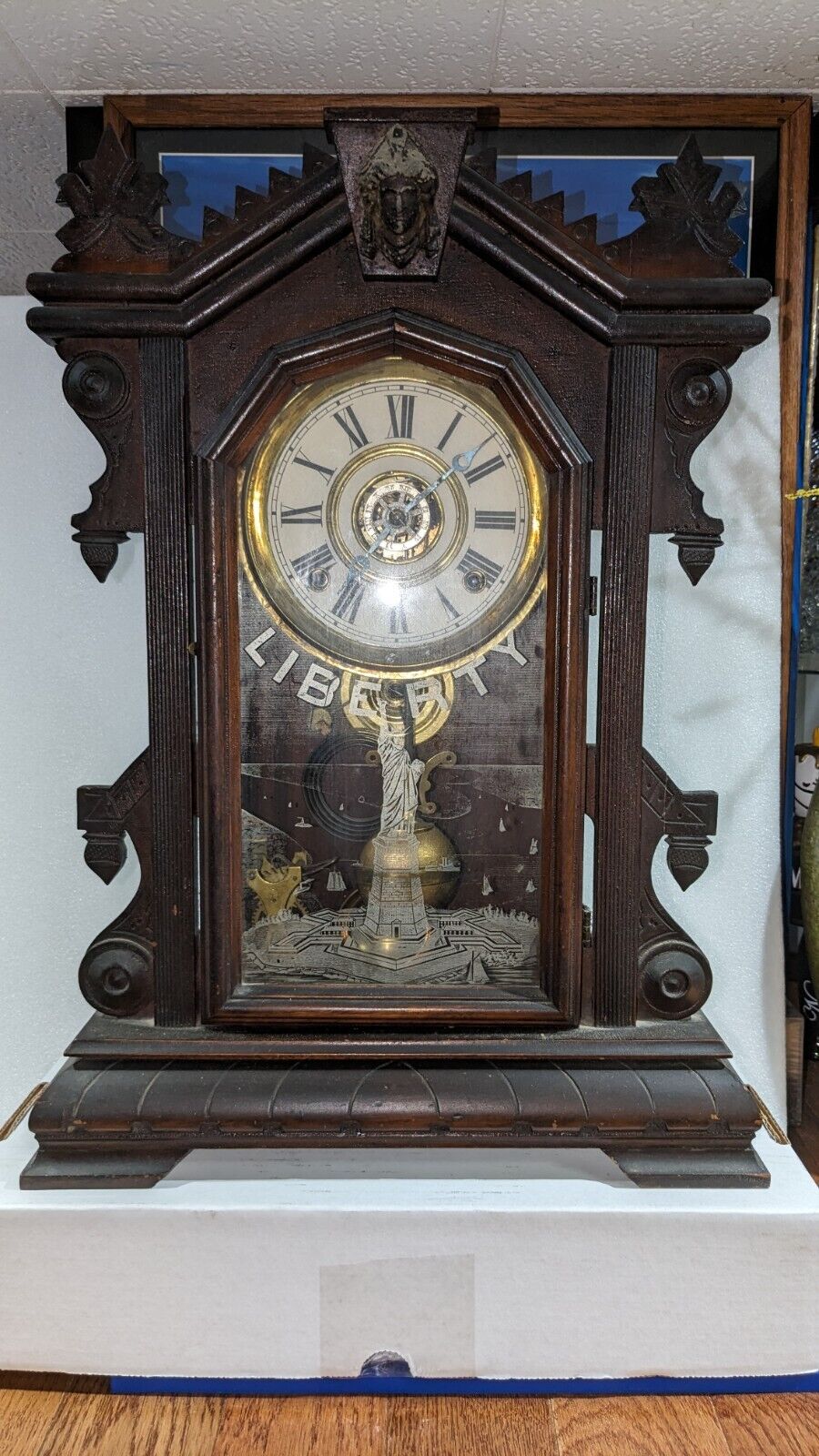 Old Antique LIBERTY Mantel parlor clock liberty Charles Adams original glass