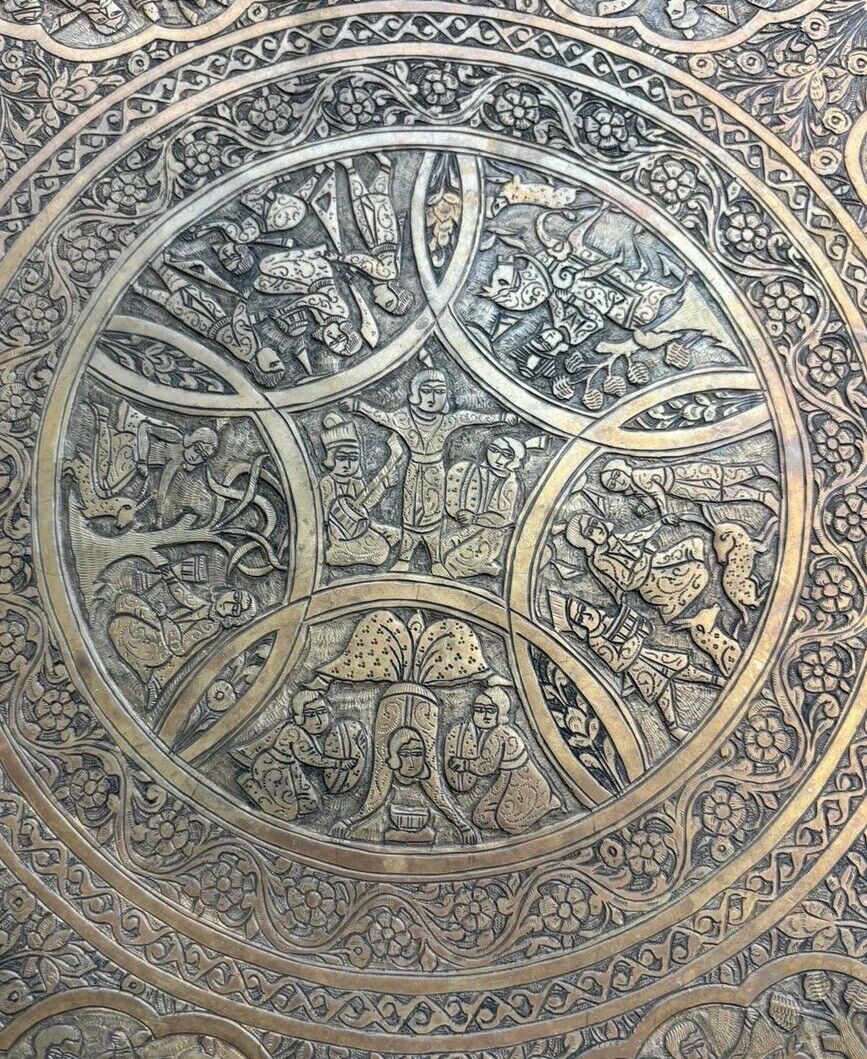 Unique Hand Carved Story On A 15.5”Copper Tray Detailed Design Middle Eastern