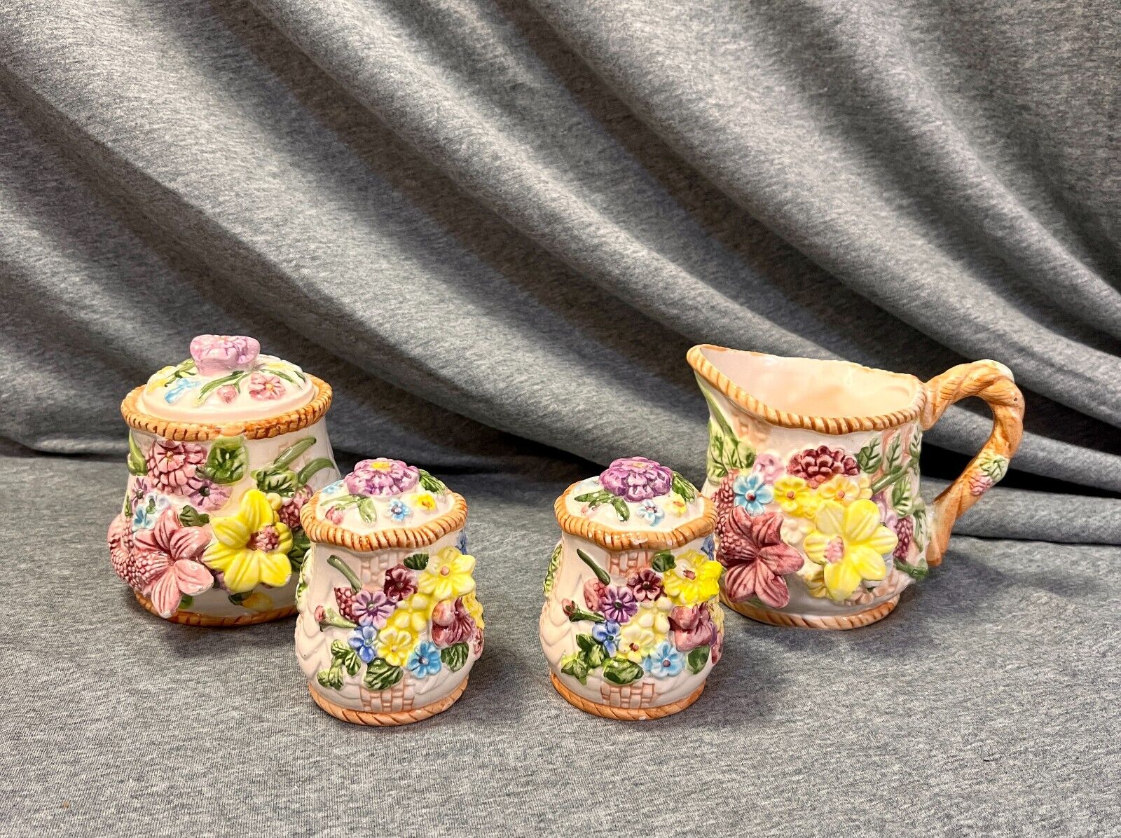 Vintage Salt & Pepper Shakers, Creamer, Sugar Bowl - Flower Design