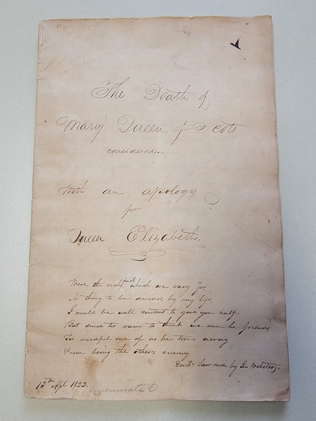 ANTIQUE 1823 Cincinnati Ohio MANUSCRIPT Mary Queen Of Scots And Queen Elizabeth