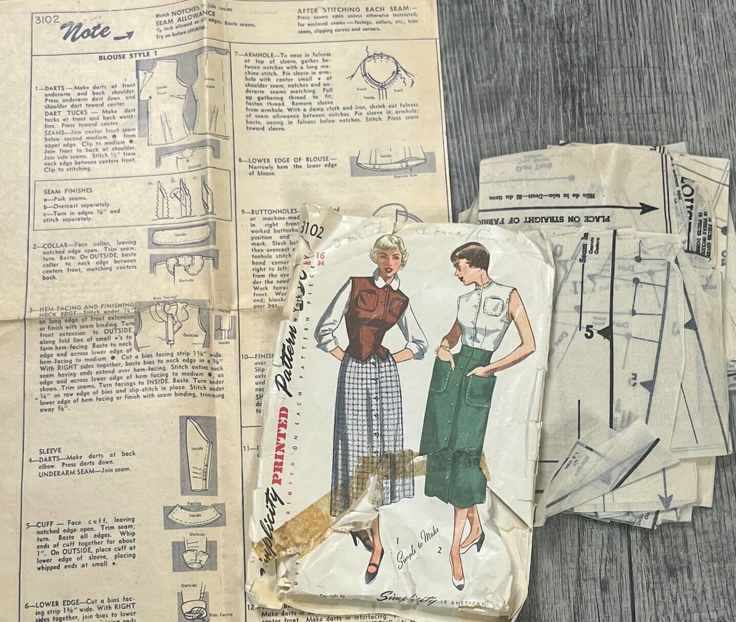 VTG 1949 Simplicity Sewing Blouse Skirt Pattern 3102 Size 16 Bust 34