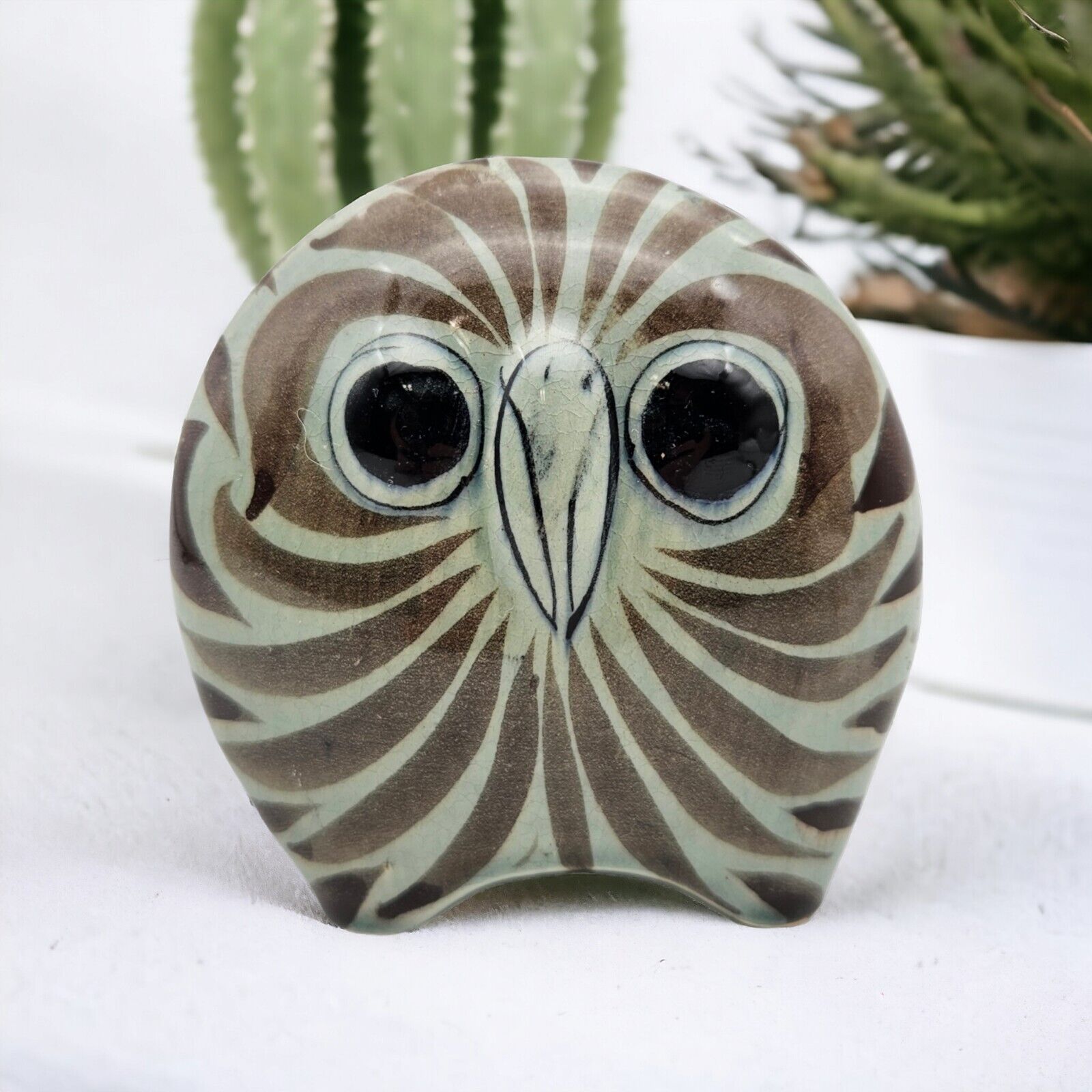 Vintage Tonola Big Eyed Owl Figurine Mexican Folk Art Hand Painted Pottery