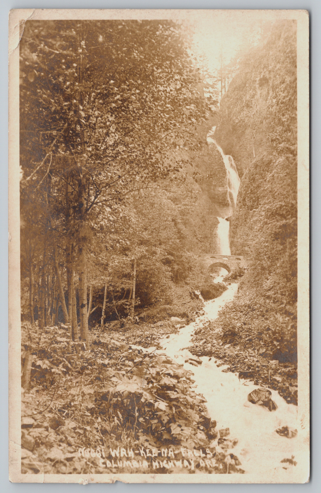 Postcard, RPPC, Wahkeena Falls, Columbia River Highway, Oregon, Bridge Waterfall