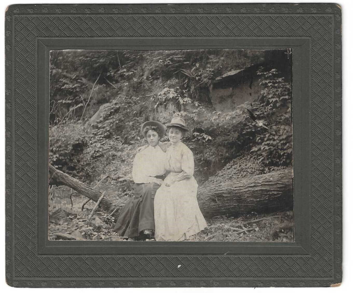 1910\'s Attractive Affectionate Women Posing in Nature on a Log Board Mount - TT