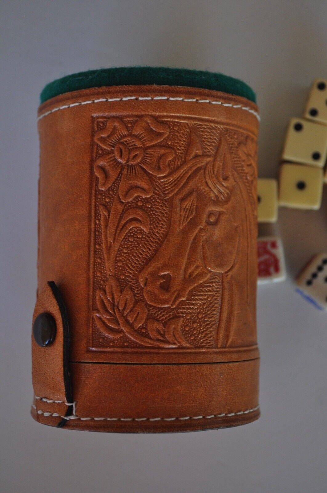 Vintage Dice Container with Horse Tooled Leather Western Tooled Leather