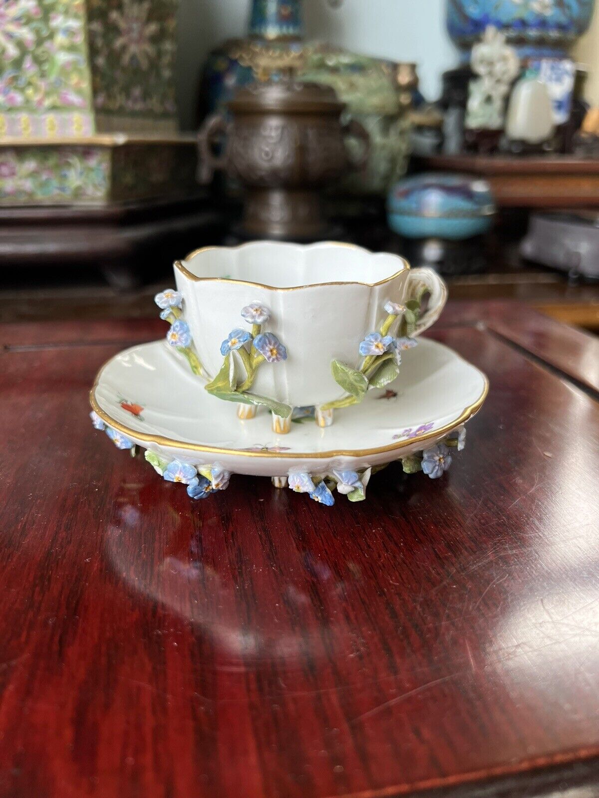 Antique Meissen Porcelain Footed Tea Cup And Saucer Applied Flowers With Bugs