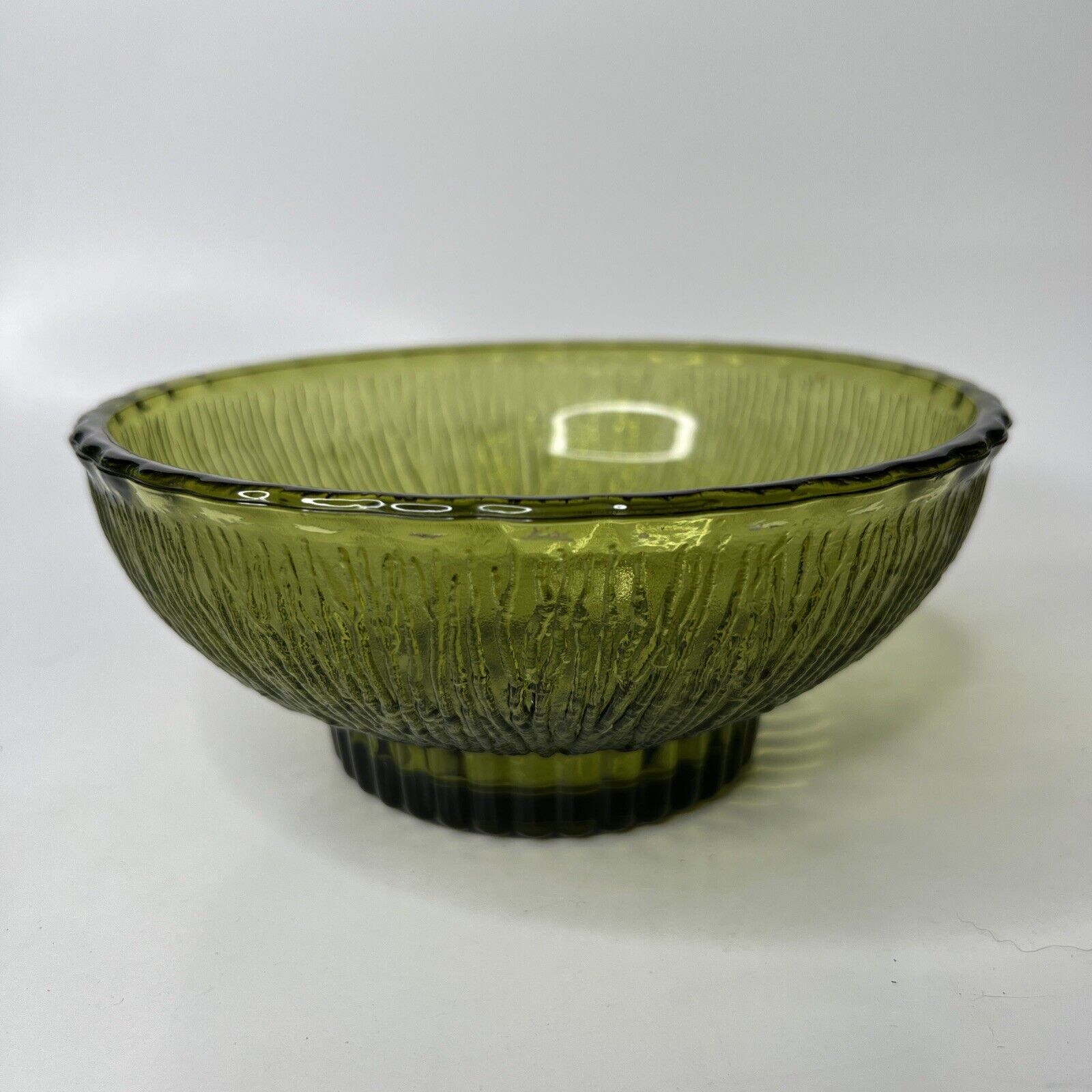 Vintage 1975 FTD Florists green glass leaf pattern pedestal bowl flower vase