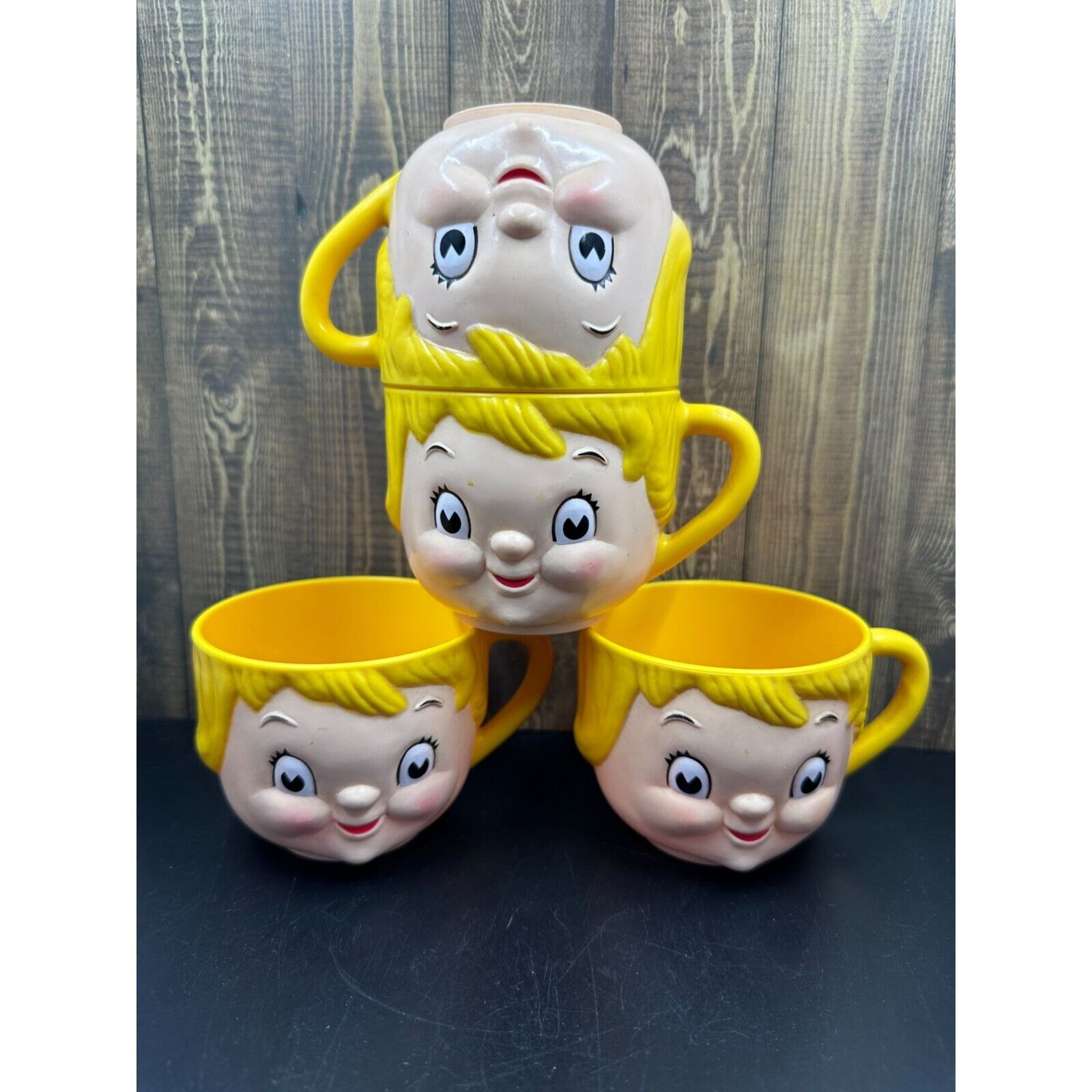 Set of (4) Vintage 1970's Campbell's Kid Plastic Soup Mug Cup Face Dolly Dingle