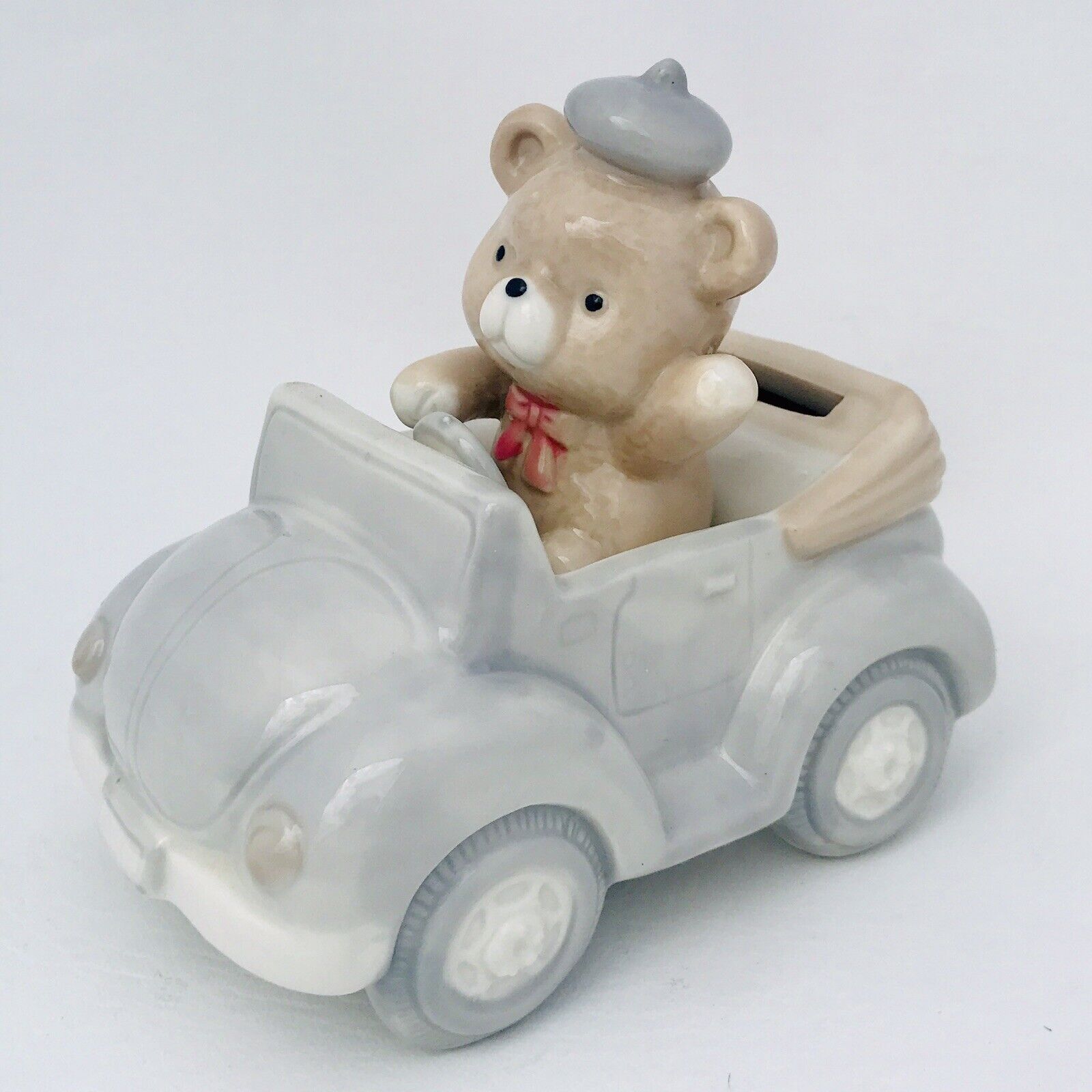 Bear Wearing Hat in Classic Convertible Car Vintage Porcelain Figurine Coin Bank