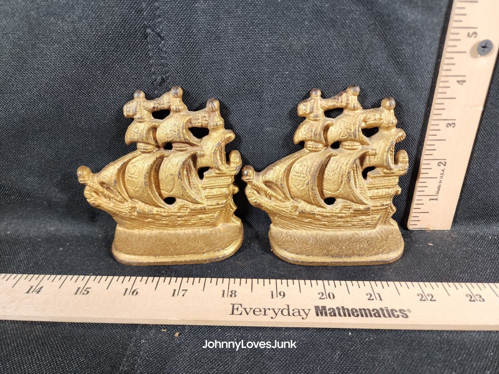 Vintage Cast Bookends Pair Boat Yacht Nautical Decor Pirate Ship Full Sails 
